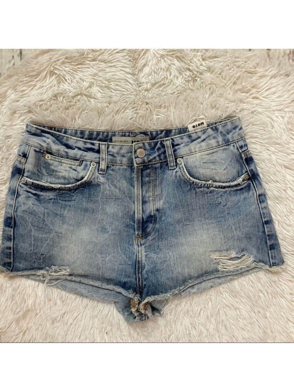 TOPSHOP Moto Blue High Waisted Raw Hem Jean Shorts